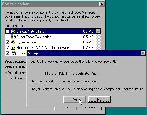 Upgrading Dial-Up Networking for Windows 95 If the Install/Uninstall list contains no entry for a Dial-Up Networking update: 1. Click the Windows Setup tab. 2.
