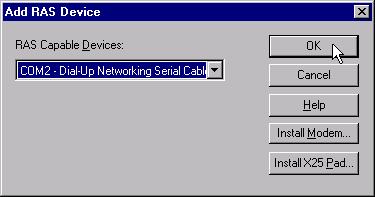 Installing Remote Access Service 7. The selected device is now displayed in the Setup dialog. Click Continue.