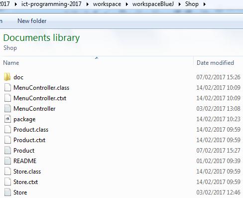 BlueJ Shop project is stored: In Explorer, open the folder where