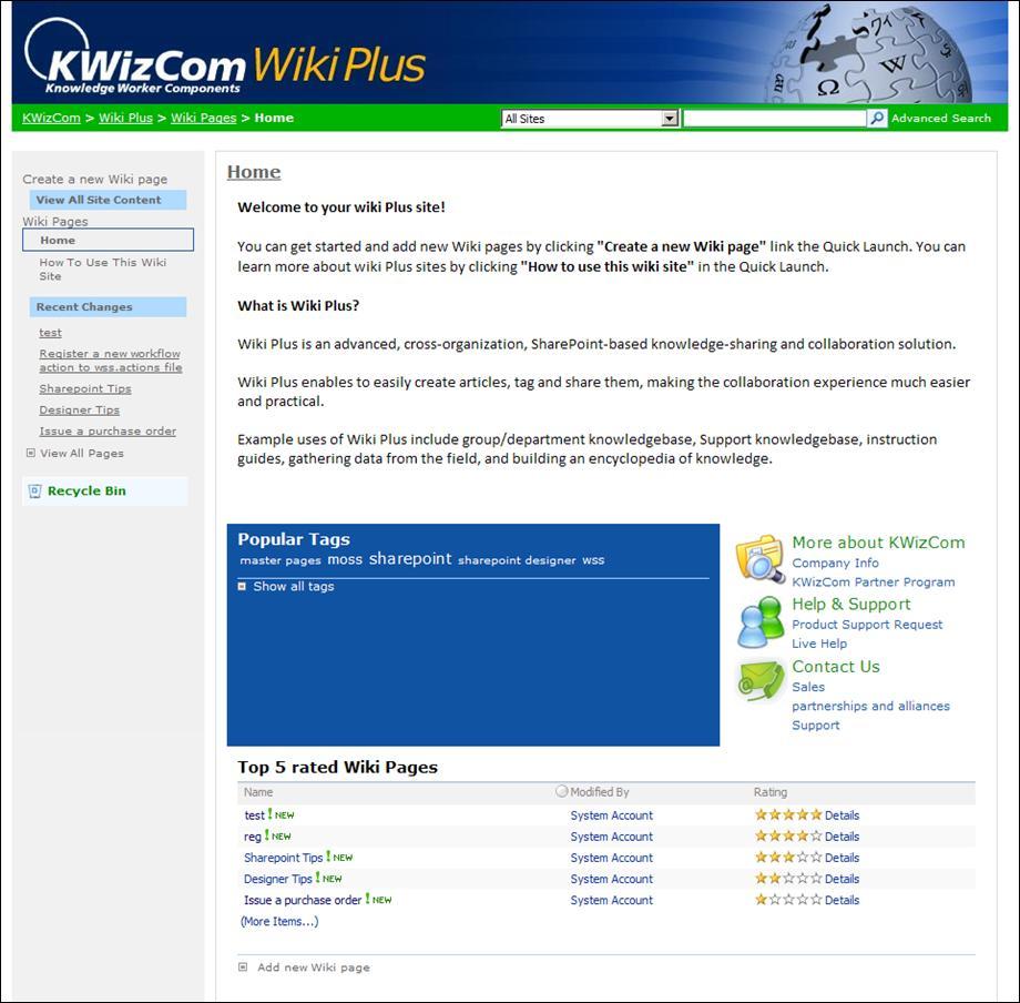 Product Overview True, SharePoint-based Enterprise Wiki solution. KWizCom Wiki Plus is an advanced, comprehensive Wiki solution based on Microsoft SharePoint platform.