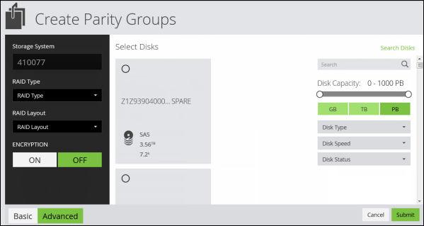 The advanced option allows you to fully configure the RAID layout of the parity group by selecting the specific disks and hot spares to assign for parity group creation.