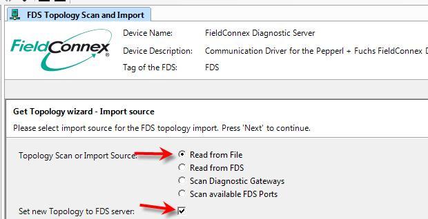 9. Load the new FDS Configuration with the Read from File capability into the FDS-DTM (and allow to Set the new Topology to the FDS server ) 10. Choose the new Config.xml file 11.