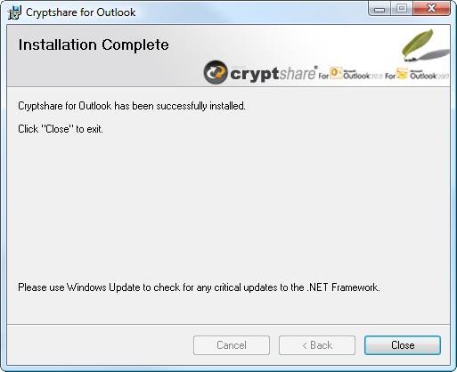 When finished, click "Close" to complete the installation. Cryptshare for Outlook is now installed on your PC.