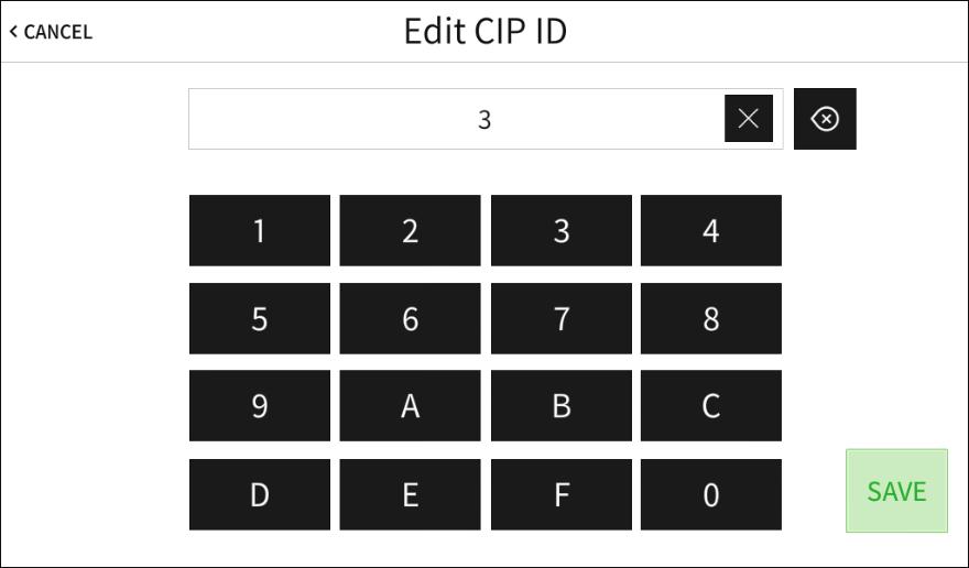 3. Tap the text field belw CIP ID t display the n-screen hex keypad. Edit CIP ID Screen 4. Use the keypad t enter the CIP ID f the DMPS3 device running the.av Framewrk prgram.