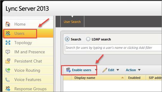 Enabling Users 1. In the Lync Control Panel, choose Users from the left navigation bar, and then choose Enable users.