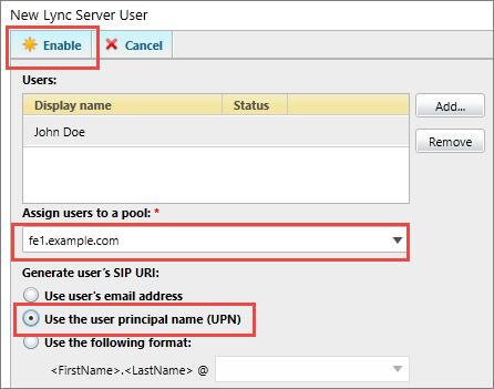4. The New Lync Server User dialog box will be redisplayed. Assign the user to the fe1.example.com pool. Make sure that you choose Use the user principal name (UPN) for the SIP URI.