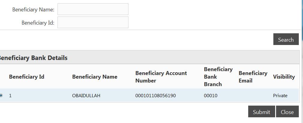front of Beneficiary Account and customer will be able to see all beneficiaries that created by him/her, and then customer shall choose the correct beneficiary for transfer.