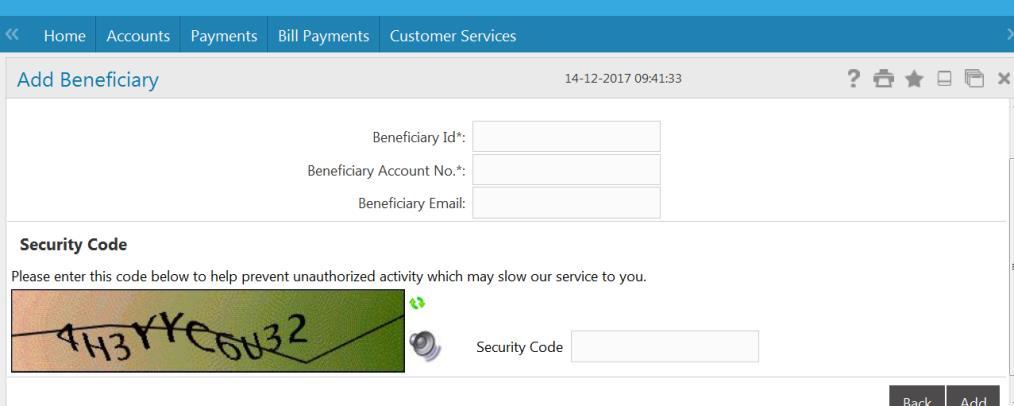 Figure 16: Beneficiary Bank Details page After clicking the submit button in Figure 16 customer should follow the below process.