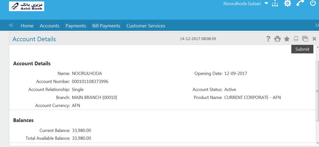 Customer will be able to see all the details like his/her name, account number, branch, account state and etc. as shown in below screen (Figure 11).