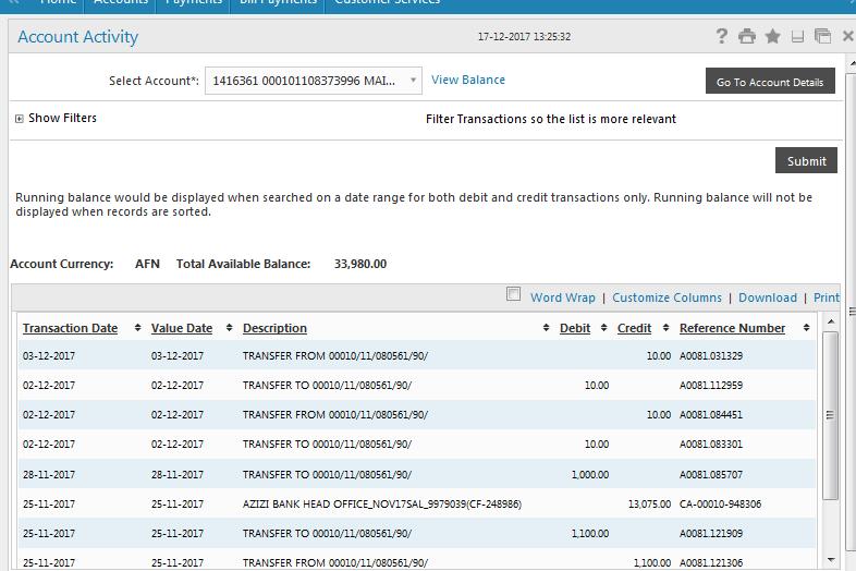 Figure 12: Account Activity Page All transactions that customer has done will be displayed here and customer can download and print his/her statement of accounts. 2.