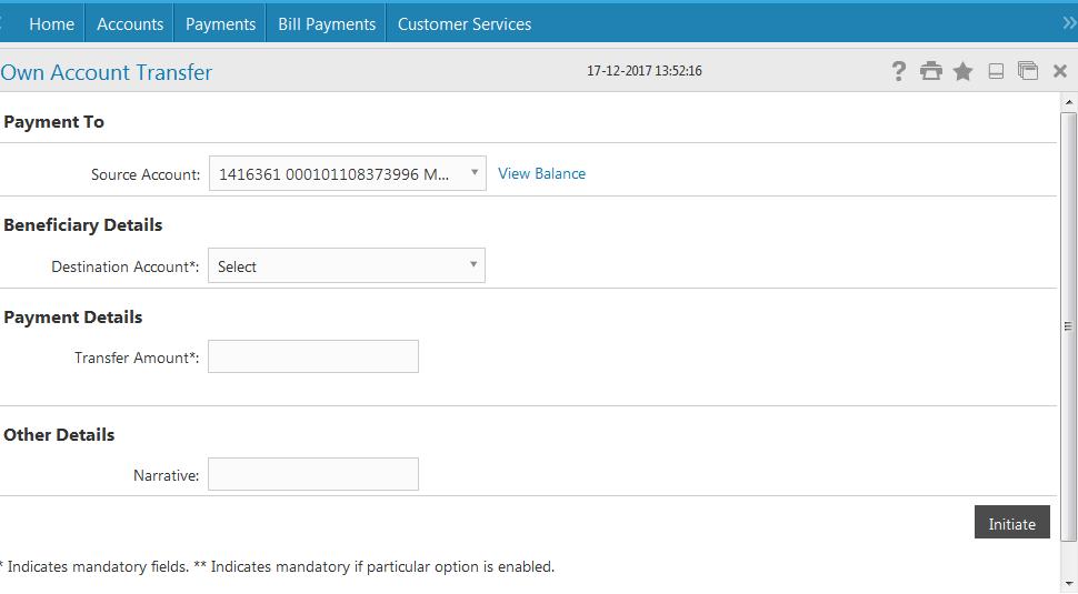 Figure 13: Payment menu Page 3.1- Within Bank: In this part customer has two options, own account transfer and internal account transfer. 3.1.1- Own Account Transfer: Through this option customer can transfer funds from his/her own account to any of his/her own account.