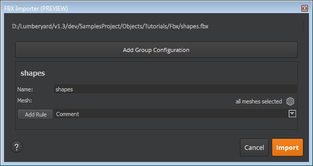3. Select the button to search for an FBX file. In this case, we are using the SamplesProject\Objects\Tutorials\Fbx\shapes.fbx file.
