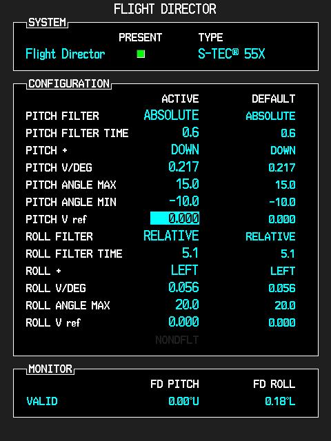 7. Change PITCH V Ref as needed. Note that the V/DEG ratio for the flight director is displayed on the same page. In the sample screenshot, the PITCH V/DEG is 0.217. Changing the PITCH V ref by 0.