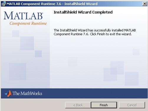 The Install Wizard will complete the setup of the MATLAB Runtime and the following screen will appear. Select Finish.