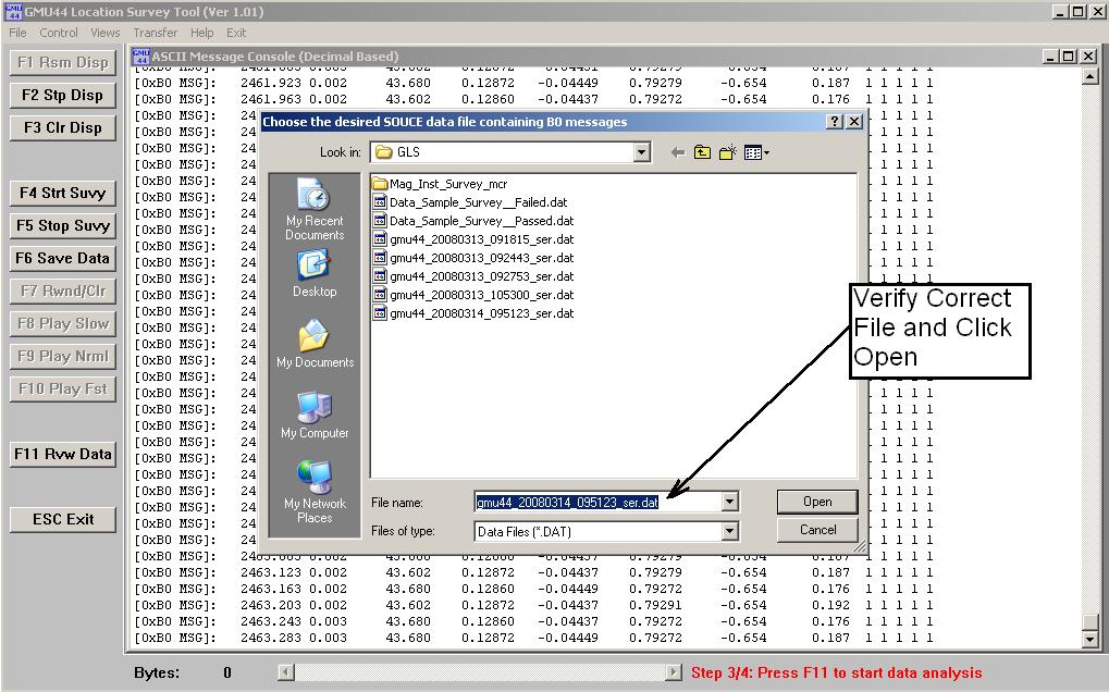 G.4.2 Data Analysis To analyze the data select the F11 Rvw Data or press the F11 key on the keyboard. A window will open asking for the file name of the data to be analyzed.