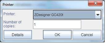 In the new window select the ZDesigner GC420t printer from the drop-down menu which you intend to use to print