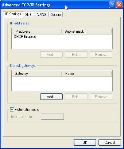 Step 3: Click the Advanced button to proceed with TCP/IP configuration. This opens a panel in which it is possible to create additional IP addresses for this interface.