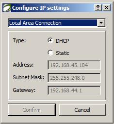 Figure 3-5 Configure IP settings dialog with LAN menu Select a LAN, then choose the Type of connection.