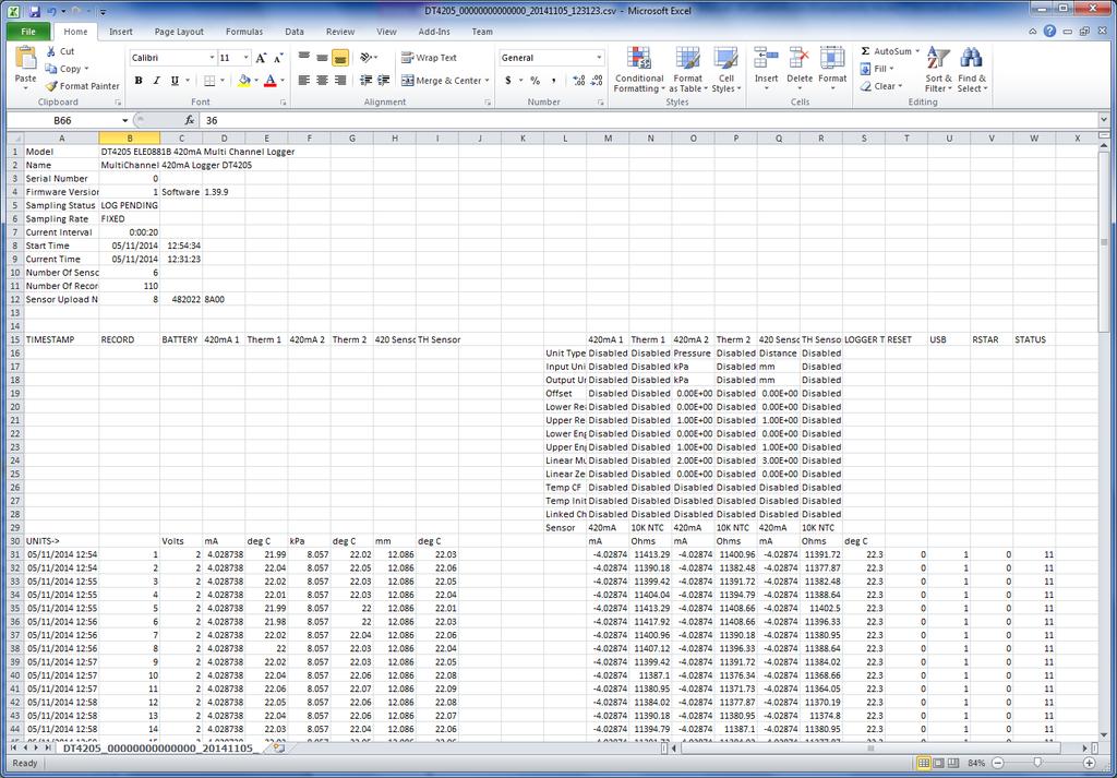 81 6.2 4 TO 20MA LOGGER SAMPLE DATA FILE The following is how the data appears in Excel: Figure 80 4 to 20mA Logger Sample