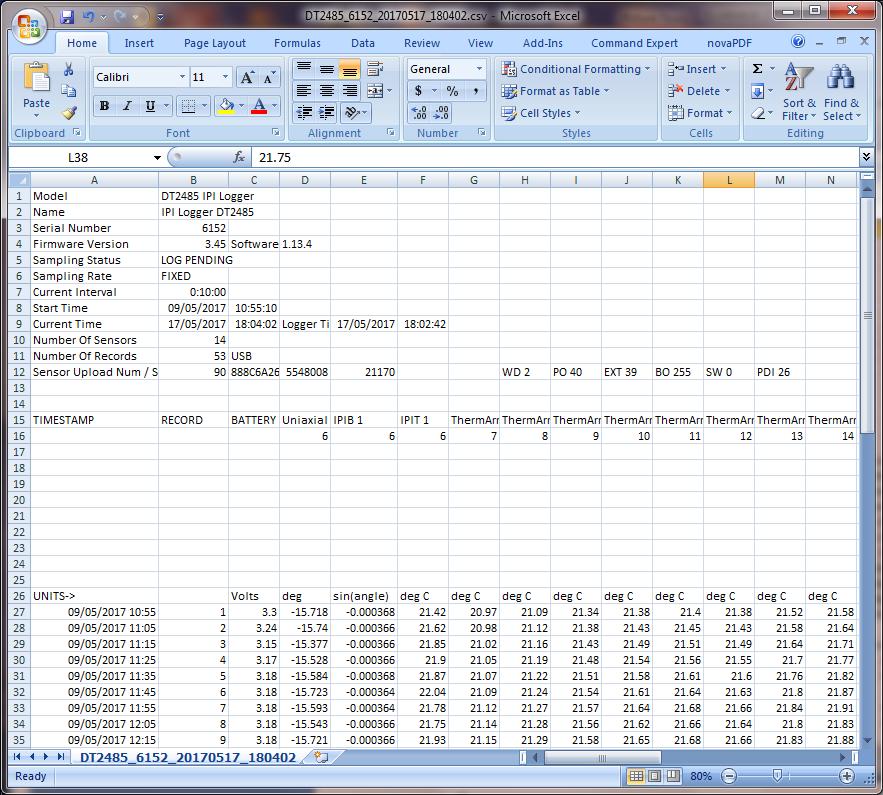 84 6.5 DT2485 LOGGER SAMPLE DATA FILE The following is how the