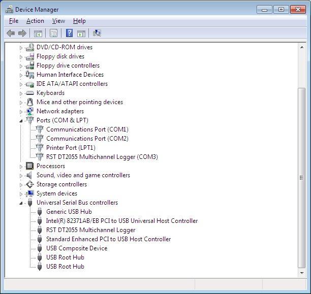 107 Figure 108 Windows Vista, Windows 7, 8, 8.1, 10 Device Manager If the driver was installed correctly, the RST DT2055 Multichannel Readout port will appear as in Figure 108 above.