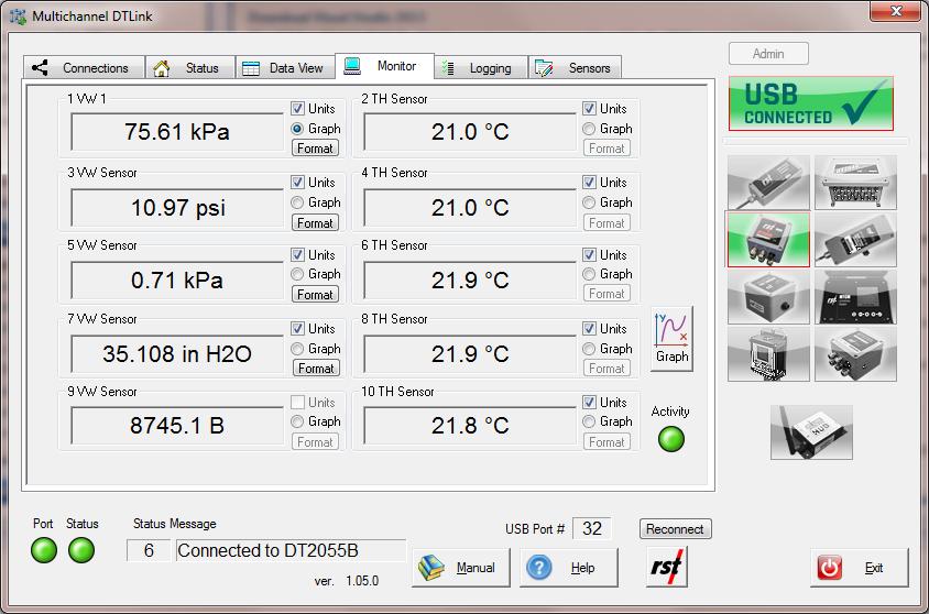 4 5.1.2 MONITOR Selecting the monitor tab sets the datalogger into monitor mode. By default, the screen reports in B-units (f 2 x10-3 ) or the thermistor temperature in degrees Celsius or Fahrenheit.