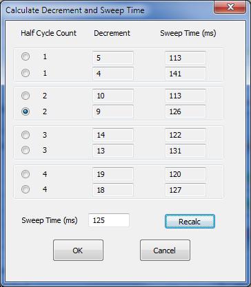 13 Figure 23 Decrement and Sweep Time options Enter the desired Sweep Time and click Recalc. The program will calculate Decrement and Sweep Time and give option to choose optimal parameters.