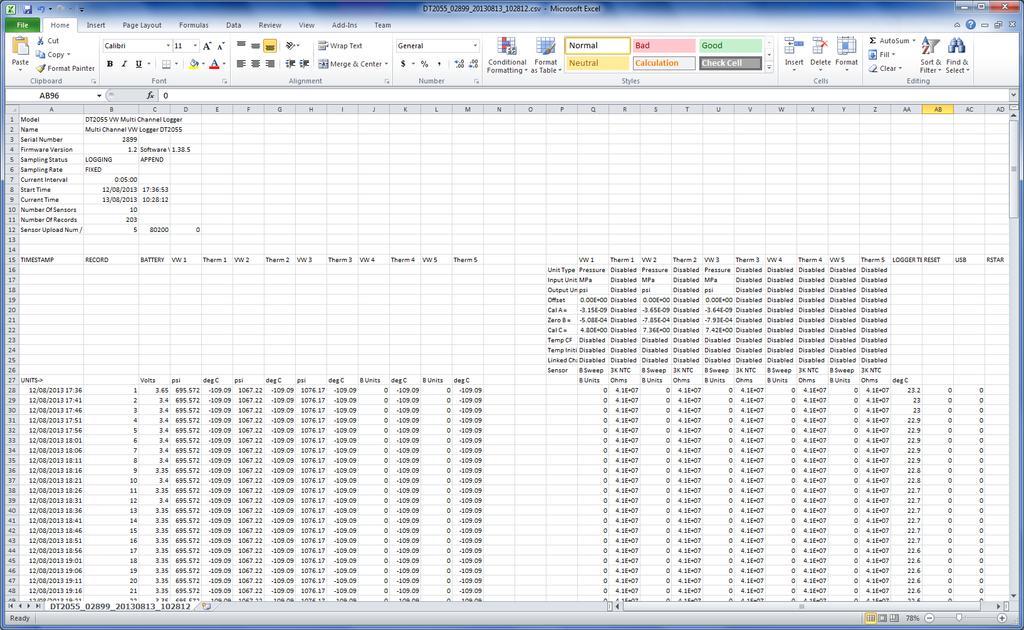 80 6.1 VIBRATING WIRE LOGGER SAMPLE DATA FILE The following is how the data appears in Excel: Figure 79 Vibrating Wire Logger