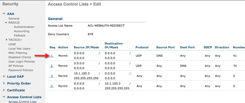Figure 4 - ACL on Wireless LAN Controller for Web Authentication If you compare the switch redirect ACL and the WLC redirect ACL, you will see the differences.