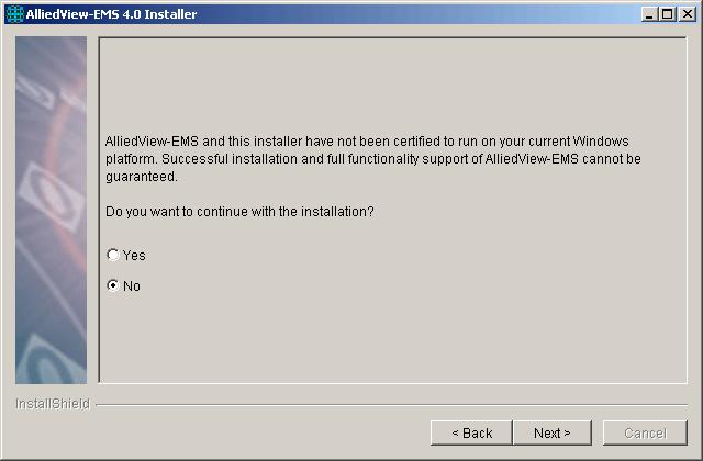 If you do not wish to continue with the installation, select No and click Next to terminate the installation setup program. If you wish to continue with the installation, select Yes and click Next.