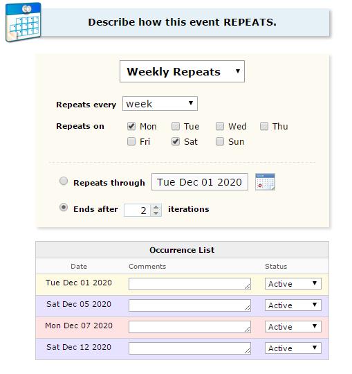 Event Repeat: Choose the appropriate repeat for the event. -Ad Hoc Repeat: Does the event repeat on an odd schedule, i.e. January 12, February 27, March 1 and 3 rd?