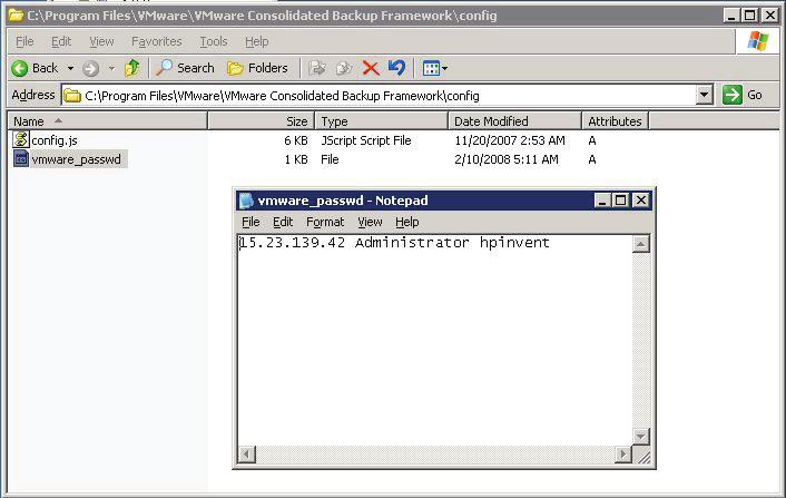This file should contain the IP or server name of the virtual center server, its user name and password in the format shown below: Figure 15: vmware-passwd file Performing a Backup (For an example