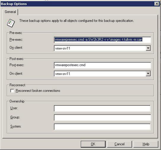 Figure 18: VCB pre/post exec options The pre-exec script option above will backup the virtual machine named SW2K3R2.