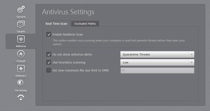 The options that can be configured in the Antivirus settings screen are: Real Time Scanning - To set the parameters for on-access scanning.