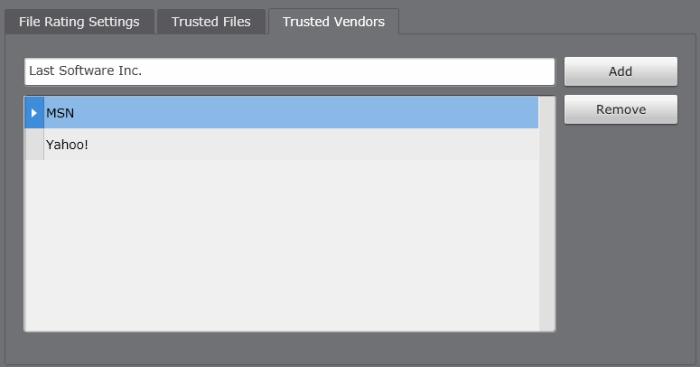 To add trusted vendors Enter the name of the vendor as given in the code signing certificate in the text field. Click the 'Add' button. The vendor will be added to the list.