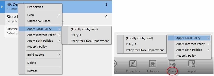 To change the default security policy applied to the member endpoints in local connection mode, select the mode from the 'Local Policy' drop-down.
