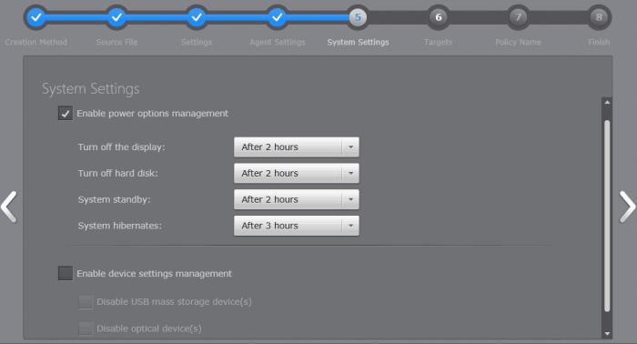 Enable power options management - Allows the administrator to configure power settings.