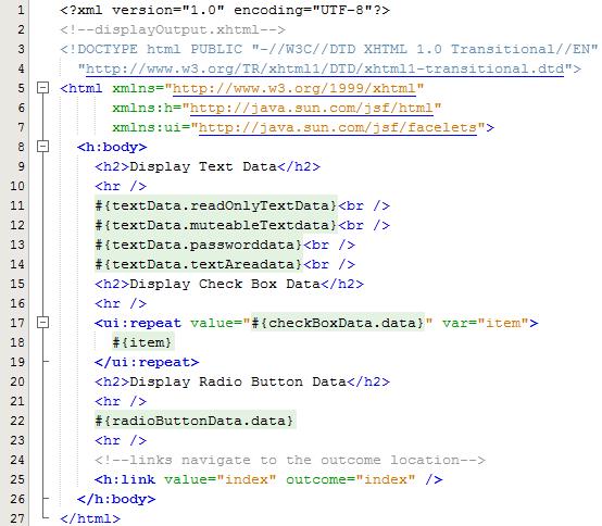 The last file for this project is displayoutput.xhtml. Add it to the project by R- clicking TagsDemo New XHTML.