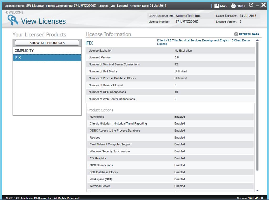 STEP 26: Click the < WELCOME link in the upper left corner to return to the Proficy License Manager Overview screen