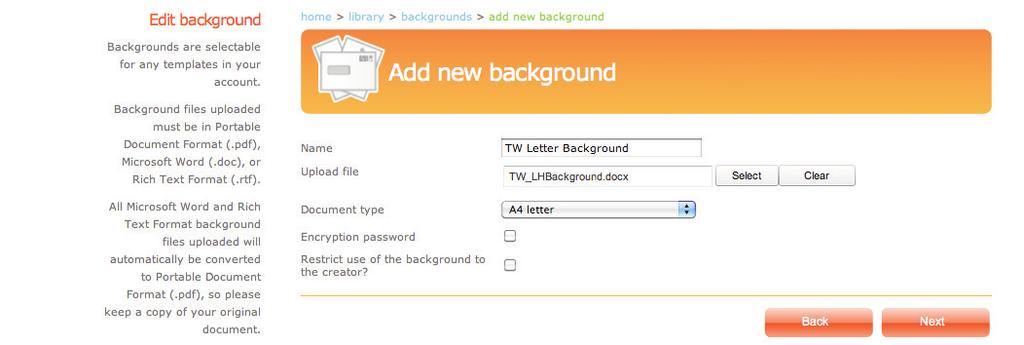 uploading (in our example the file is called TW_LHBackground.docx).