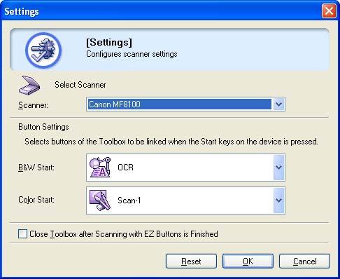 Setting Up [B&W Start] or [Color Start] in the [Settings] Dialog Box In the MF Toolbox, click [Settings].