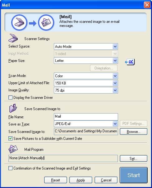 MF Toolbox Settings 3 Scanning Example: [Mail] dialog box Scanner Settings You can specify the scanning mode, scanning resolution, document size, and file size of the scanned image.