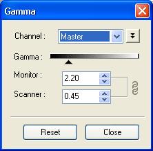 [Gamma] By clicking, you can access the [Gamma] dialog box. The gamma allows you to adjust the brightness of the image viewed on the computer monitor to the brightness of the original document.
