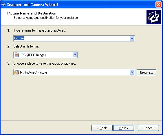 7 Click [Next >]. 8 Specify a name, a file format, and the location for saving the group of pictures. 3 Scanning Enter a name for the group of pictures.