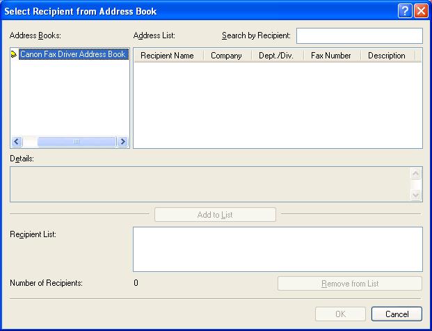 Select Recipient from Address Book 4 PC Faxing [Address Books] [Address List] [Search by Recipient] [Details] [Add to List] Edit Address Book Tab Shows the available address books.