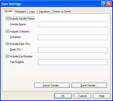 Item Settings The [Item Settings] dialog box allows you to set the details of the items to be included in the cover sheets. The [Item Settings] dialog box has the following five tab sheets.