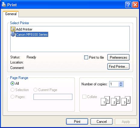 3 Select the command to print. In most cases, click [Print] from the [File] menu. The [Print] dialog box appears.