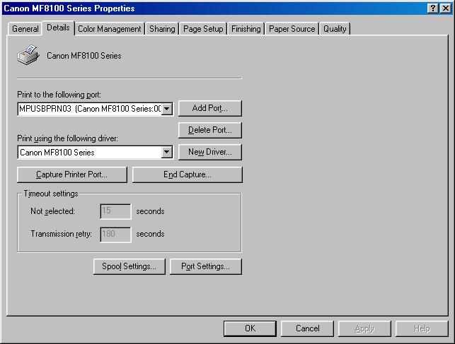 Details Tab Specifies the printer port and time-out settings.