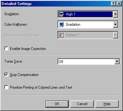 Detailed Settings Clicking [Details ] in the [Quality] tab sheet opens the [Detailed Settings] dialog box. This dialog box enables you to specify the detailed settings for print quality.