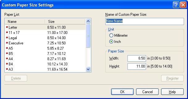 2 Printing [Paper List] Displays the paper sizes actually available. Selects a paper size from which you can create a custom paper size. [Name of Custom Paper Size] Specifies the name of custom paper.